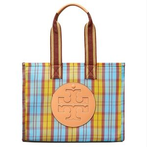 Tory Burch Yellow / Blue Mercado Plaid Ella Mesh Tote Bag